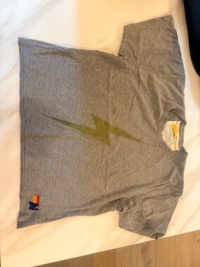 Aviator Nation Cropped Gray Tee with Yellow Lightning